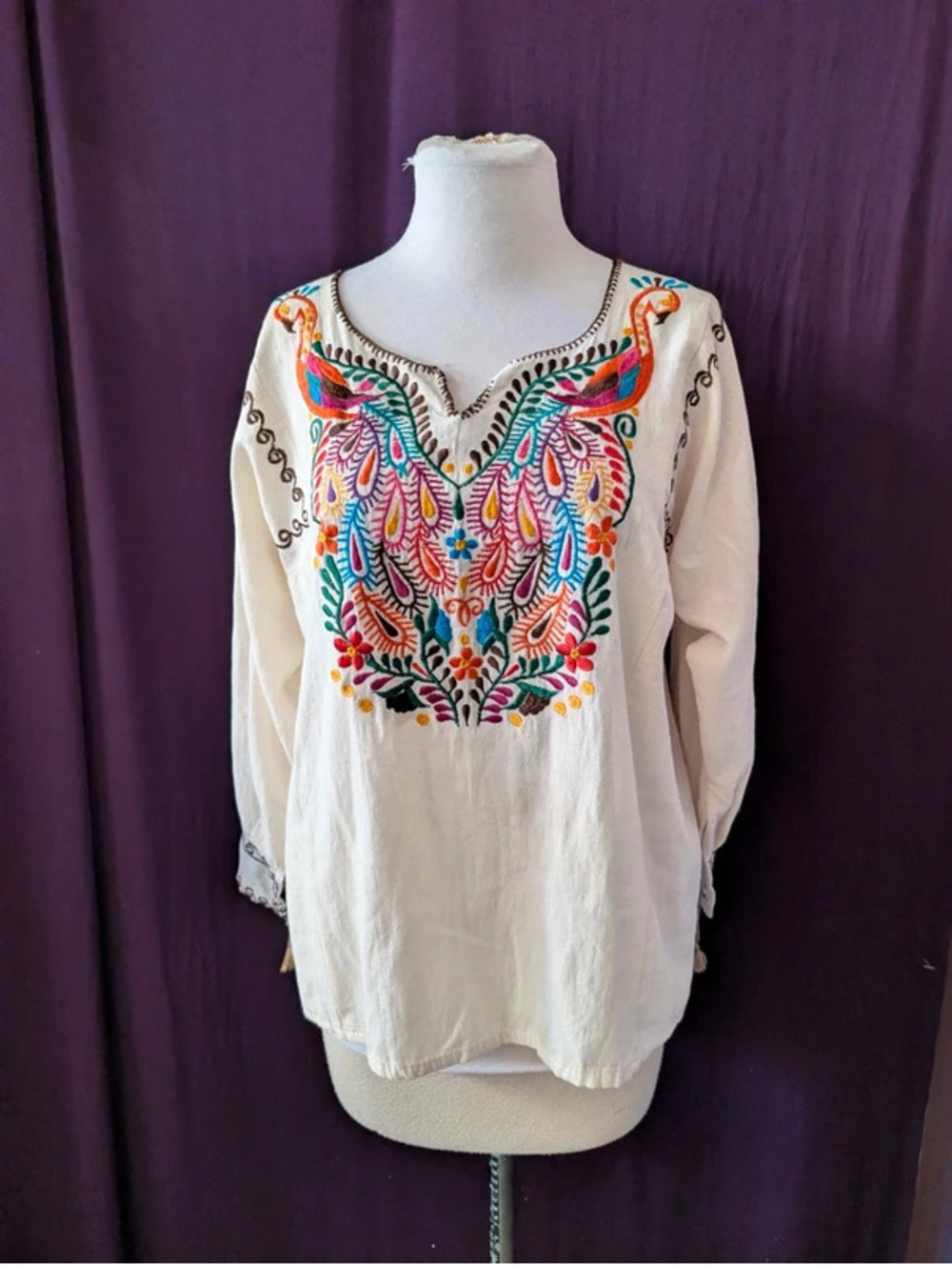 Vintage 70s Mexican Embroidered Peacock Boho Top M